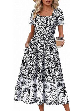 Zeagoo Women' Black White Floral Flowy Casual Short Sleeve Tiered Mid Maxi Dress